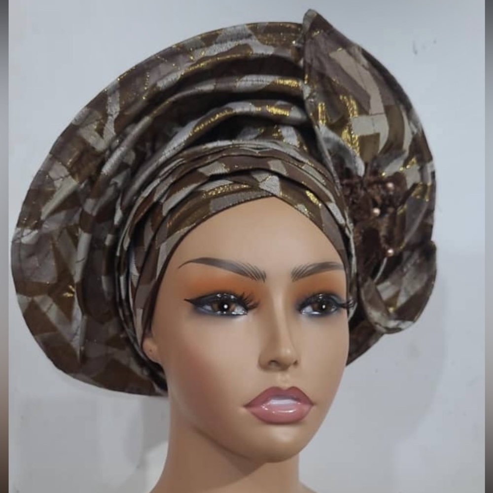 Brown and Gold Gele Headwrap - Women Hair Accessory